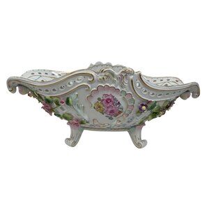 Antique Large Porcelain Floral Footed Centerpiece Bowl encrusted Rose & Leaf